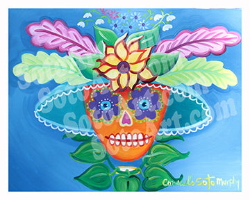Dia de los Muertos - Orange Calavera with Flower Hat